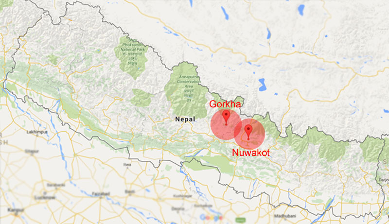 National Seismological Centre recorded two light tremors with their epicentres in Nuwakot and Gorkha, on Tuesday. Image: Google Maps