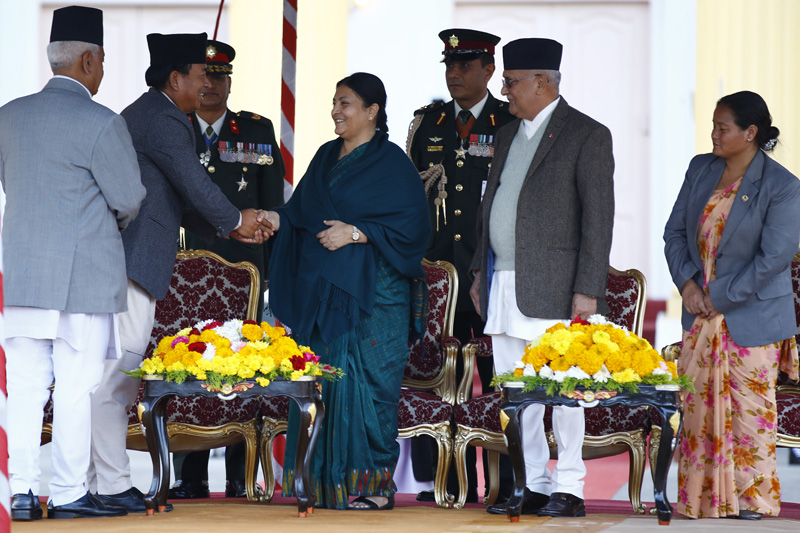 President Bidya Devi Bhandari congratulates newly elected Vice-President Nanda Bahadur Pun (left) during the latter's swearing-in ceremony at the Sheetal Niwas in Kathmandu on Sunday, November 1, 2015. Photo: Skanda Gautam