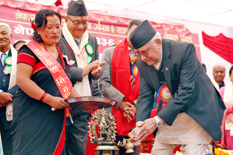 Prime Minister KP Sharma Oli inaugurating the Nepal Sambat New Year 1136 programme organised by the Nepal Sambat 1136 Nhudaan National Celebration Main Committee at Basantapur on Thursday, November 12, 2015. Photo: RSS