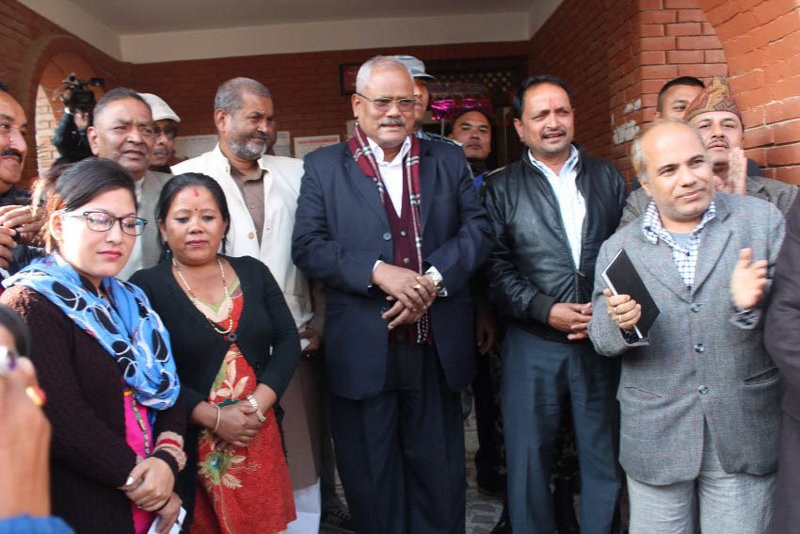 Deputy Prime Minister Bijay Kumar Gachhadar with the Reporters' Club Deusi Bhailo team in Kathmandu, on Wednesday, November 11, 2015. Photo: Reporters' Club