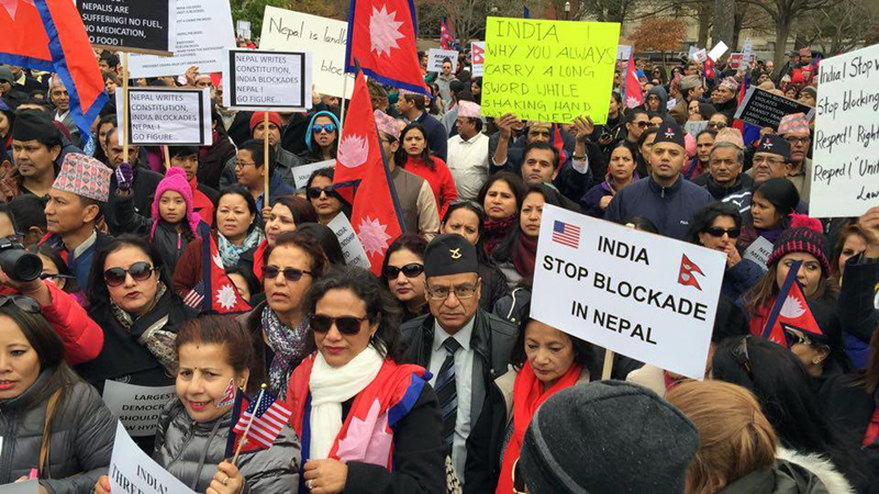 Nepalis living in the United States stage a protest against the unofficial imposed by India on Nepal, in front of the White House, Washington DC, on Sunday, November 22, 2015. Photo: RSS