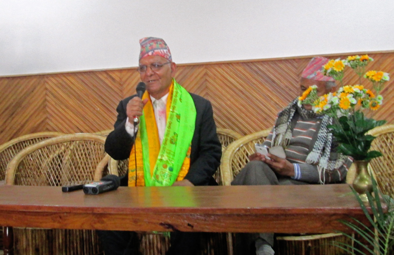 DPM Chitra Bahadur KC speaking with mediapersons, in Pokhara, on nMonday.