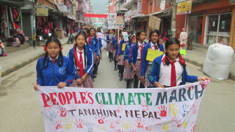 Students of Damauli in Tanahun district take out a rally to raise awareness on climate change, on Saturday, November 28, 2015. Photo: Madan Wagle