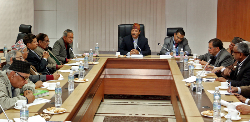 Minister for Foreign Affairs Kamal Thapa interacts with intellectuals and foreign affairs experts about the current crisis in Singha Durbar on Friday, November 27, 2015. Photo: RSS