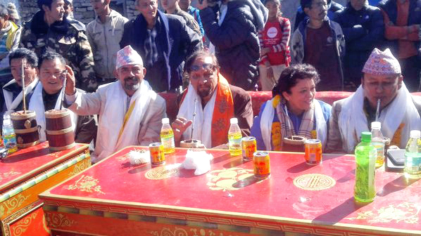 (From left) CPN-UML leader Hari Bairagi Dahal, Finance Minister Ram Sharan Mahat, Nepali Congress leader Sujata Koirala and lawmaker Deepak Khadka attending a programme at Kimathanka, on Tuesday, November 23, 2015. Photo: Twitter.com/ramsmahat