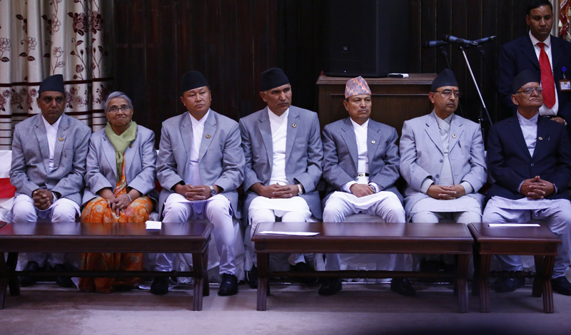 Newly appointed DPMs and Ministers at the swearing-in ceremony at the Sheetal Niwas, on Thursday, November 05, 2015. Photo: Skanda Gautam