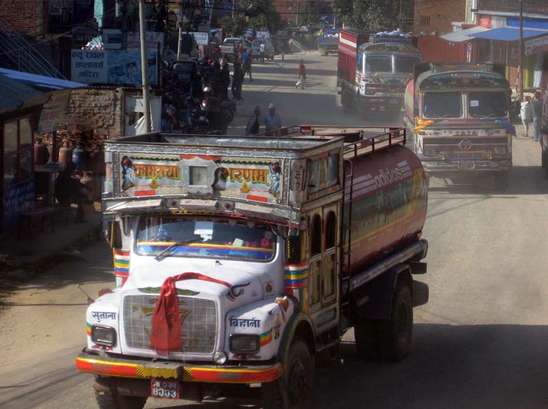 Tankers loaded with China-granted petroleum on their way to Kathmandu from Bidur of Nuwakot on Monday, November 2, 2015. 15 tankers have entered Nepal till Monday. Photo: RSS