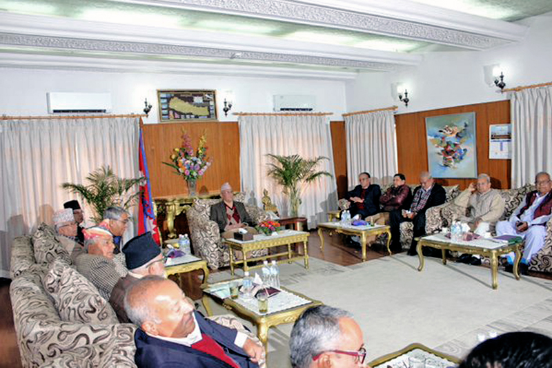 Top leaders of ruling parties, main opposition Nepali Congress and agitating United Democratic Madhesi Front hold talks at the PM's residence in Baluwatar, on Monday, November 30, 2015. Photo: twitter.com/PM_Nepal