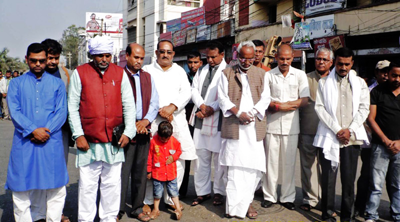 United Democratic Madhesi Front leaders and cadres observing silence to pay tribute to the people killed in the Madhes agitation on the 100th day of the movement, in Ghantaghar, Birgunj, on Monday. 