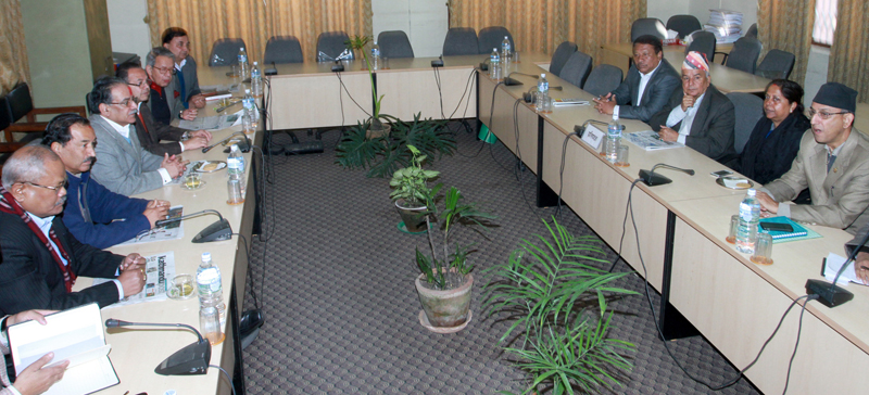 Leaders of ruling and opposiiton parties hold a meeting in Singhadurbar of Kathmandu, on Saturday, November 21, 2015. Photo: RSS