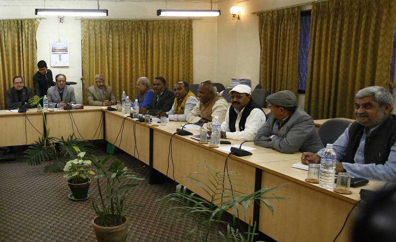 Top leaders from the ruling coalition holding talks with the leaders of agitating United Democratic Madhesi Front in Singha Durbar, Kathmandu on Sunday, November 15, 2015. Photo: Skanda Gautam