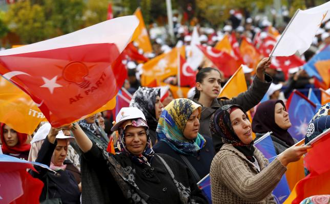 Supporters of the ruling AK Party wave national and party flags during an election rally in Ankara, Turkey, October 31, 2015.  Photo: REUTERS