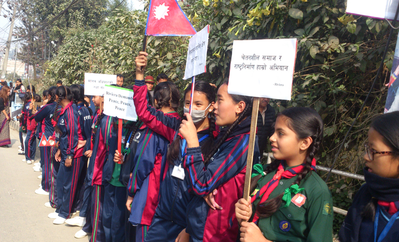 Students of a Chabahil-based school participating in the human chain programme organised by PABSON, NPABSON and students unions around the ring road on Friday, November 27, 2015. Courtesy: Prajwal Koirala