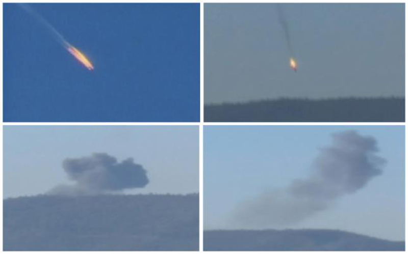 A combination picture taken from video shows a war plane crashing in flames in a mountainous area in northern Syria after it was shot down by Turkish fighter jets near the Turkish-Syrian border November 24, 2015. Photo: Reuters