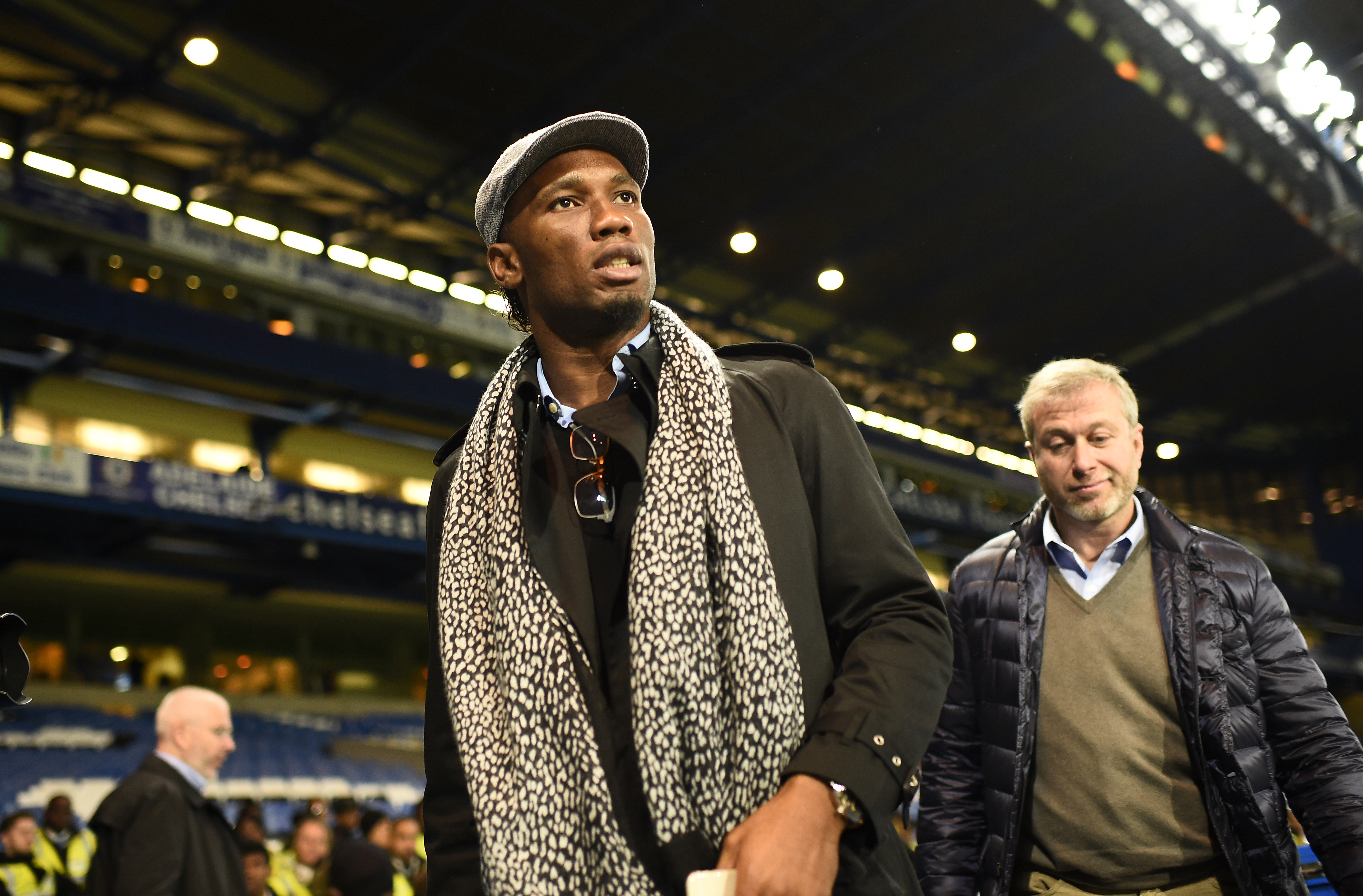Chelsea owner Roman Abramovich and Didier Drogba after the game at Stamford Bridge in December 19, 2015. Photo: Reuters