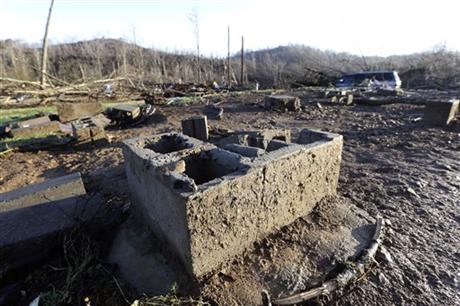 Part of the foundation of the home of Antonio Yzaguirre, and his wife, Ann Yzaguirre, remains, Thursday, Dec. 24, 2015, after severe storms went through the area Wednesday night near Linden, Tenn. The couple was killed in the storm. Photo; AP