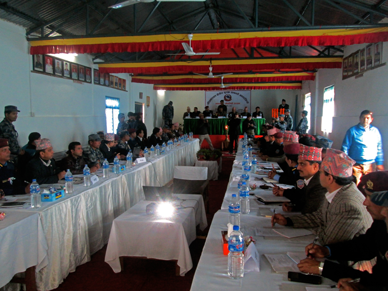 Home Minister Shakti Bahadur Basnet interacts with security officials of  Gandaki and Dhaulagri zones in Pokhara on Wednesday, December 9, 2015. Photo: Rishi Ram Baral