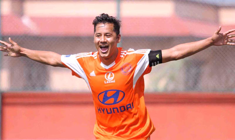 Anil Gurung, the skipper of Manang Marsyangdi Club, celebrates goal against Far Western Football Club during their Red Bull National League match at ANFA Complex in Lalitpur in this undated file photo. Photo: Udipt Singh Chhetry/ THT File