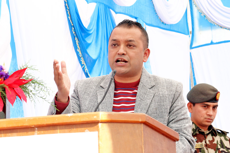 Nepali Congress leader Gagan Thapa speaking at a program organised to support quake-affected building of Central Deaf Higher Secondary School in Naxal on Monday, December 28, 2015. Photo: RSS
