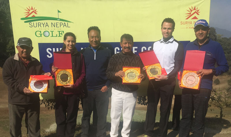(From left) Maj Bejoy Moktan, Aditi Ghimire, Tashi Ghale, Gopal Chitrakar, Andrew Murray and Gaurav Shah nafter the Surya Nepal Gokarna Monthly Medal at the Gokarna Golf Club in Kathmandu on Saturday. Photo: THT