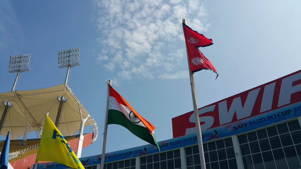 Flags of Nepal and India fly at Trivandrum Stadium before the SAFF Championship Group A match between Nepal and India on Sunday, December 27. Photo: SAFF