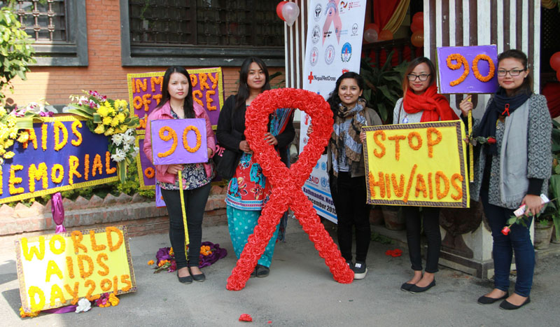 Nepali women holding placards to make people aware of HIV/AIDS on the occasion of  the World AIDS Day in Kathmandu on December 1, 2015. Photo: RSS
