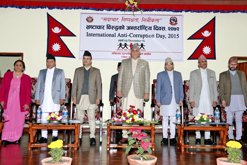 Commission for the Investigation of Abuse of Authority Chief Lokman Singh Karki (c) at a function organised by the Commission on the occasion of the International Anti-Corruption Day in Kathmandu, on Wednesday, December 9, 2015. Photo: RSS