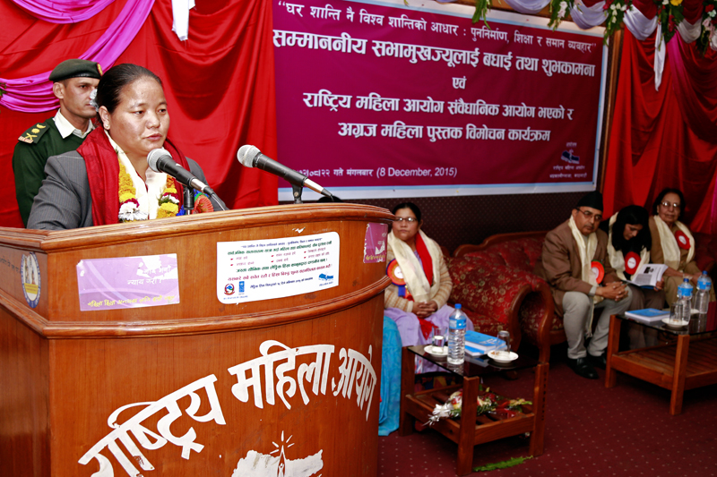 Speaker Onsari Gharti Magar speaks during a program organised by Nation Women Commission in Kathmandu on Tuesday, December 8, 2015. Photo: RSS