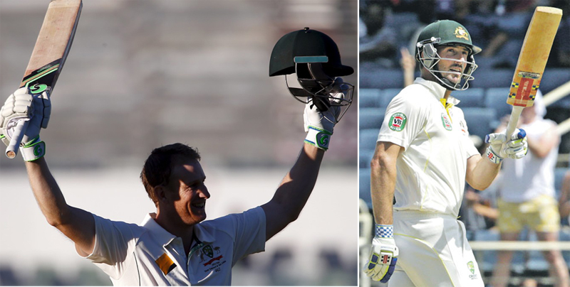 Australian batsman Adam Voges (left) and Shaun Marsh celebrate scoring century. Photo: Reuters