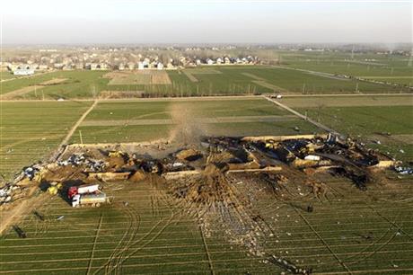 Emergency personnel walk through the rubble of a destroyed fireworks factory, as seen from an aerial view, in Tongxu county in central China's Henan province Thursday, Jan. 14, 2016.  Photo: AP