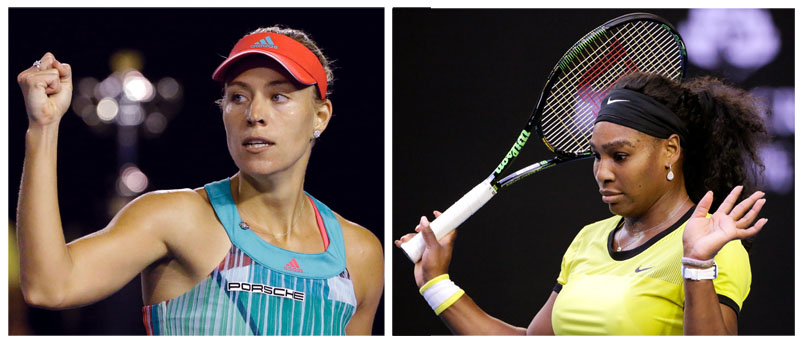 Angelique Kerber of Germany (left) celebrates after winning a point against Serena Williams of the United States during the women's singles final at the Australian Open tennis championships in Melbourne, Australia, Saturday, January 30, 2016. Photo: AP