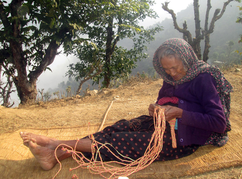 A senior citizen weaves a namlo, a band to carry wicker baskets, in her leisure in Gorkha, on Saturday, January 16, 2016. Photo: RSS