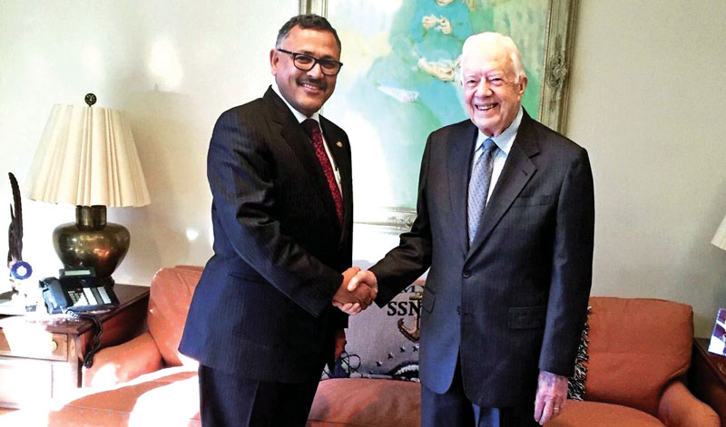 Former president of the US Jimmy Carter meeting Nepali Ambassador to the US Arjun Karki, in Washington DC, on Saturday. Photo: THT