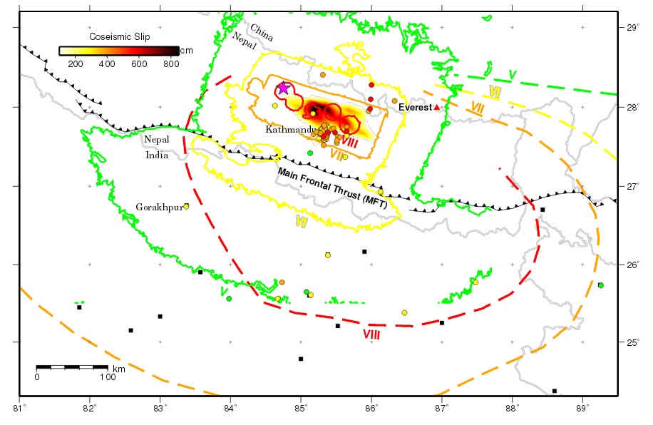 Shaking intensity comparison between the 2015 Gorkha earthquake and the 1833 earthquake. Nature Geoscience