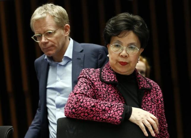 World Health Organization Director-General Margaret Chan (R) and Assistant Director-General for Emergencies at the WHO Bruce Aylward arrive for the WHO Executive Board information session for Member States on Zika virus in Geneva, Switzerland January 28, 2016. REUTERS/Denis Balibouse