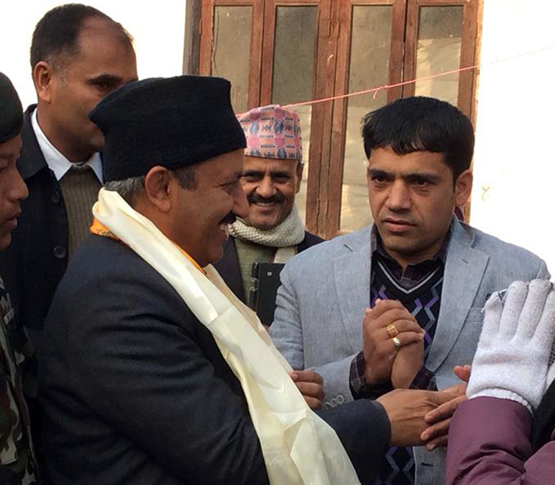 Minister for Education Giriraj Mani Pokharel interacters with staff of Sajha Prajkashan, in Ksthmandu, on Sunday, January 3, 2015.
