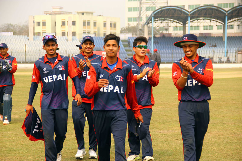 Nepal U-19 team members celebrate after defeating Ireland in their Group D match of the ICC U-19 Cricket World Cup at the Khan Shaheb Osman Ali Stadium in Fatullah on Saturday, January 30, 2016. Photo: THT