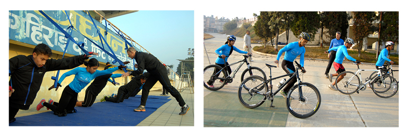 Coach Peter Jakobsen lends lessons to triathlon athletes during a training session ahead of 12th SA Games, at the International Sports Complex. Photos: Naresh Shrestha / THT