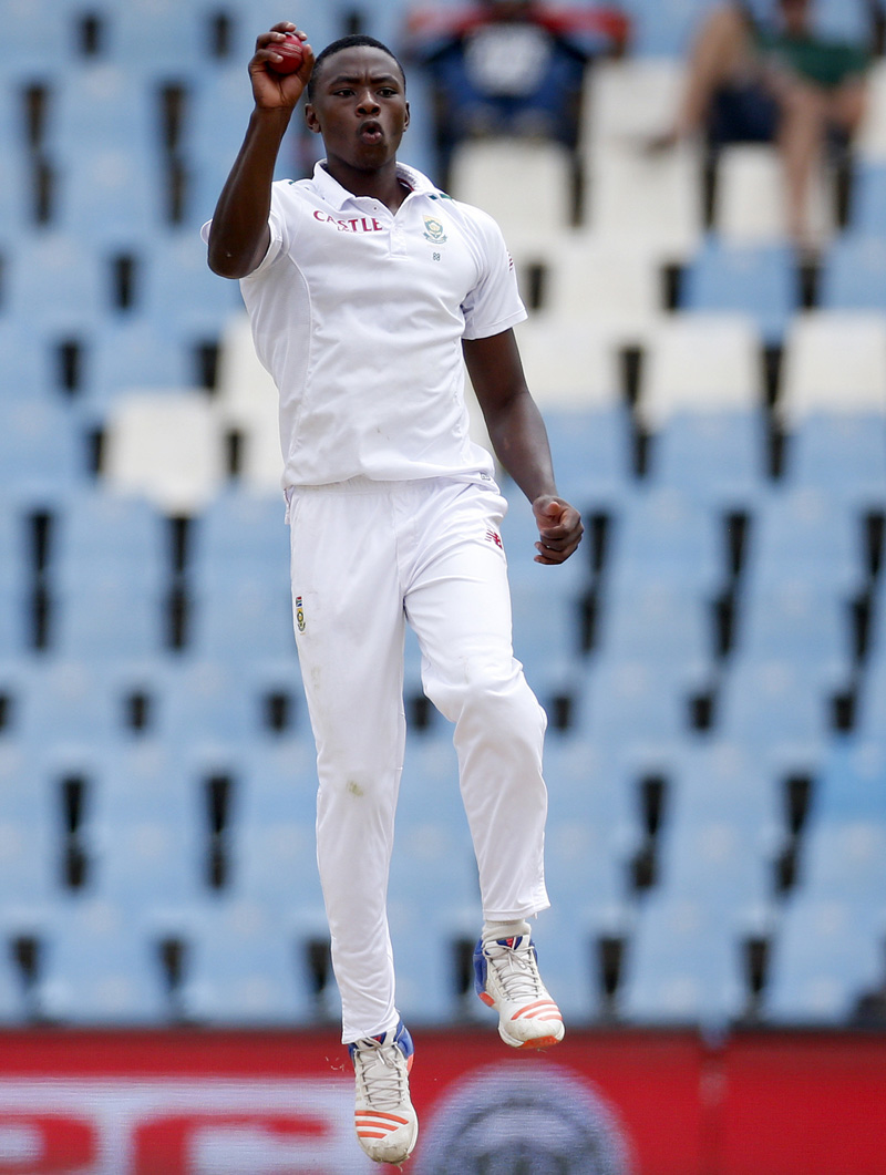 South Africa's Kagiso Rabada gestures as he fields off his delivery during the fourth cricket test match against England at Centurion, South Africa, January 26, 2016. Photo: Reuters