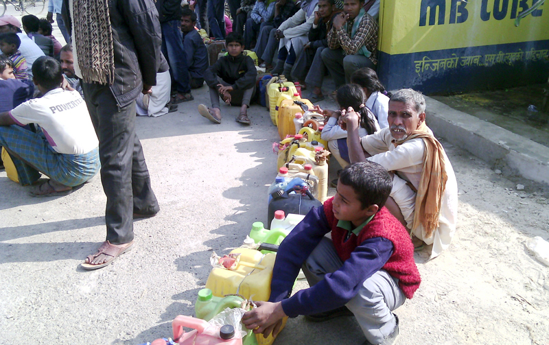 Local farmers queuing for diesel at a fuel station in Gaur, Rautahat, on Monday, January 25, 2016. Photo: THT