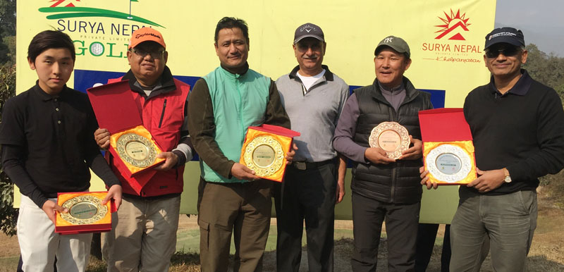 Winners of the Surya Nepal Gokarna Monthly Medal at the Gokarna Golf Club in Kathmandu on Saturday.  Photo Courtesy: Gokarna Golf Club