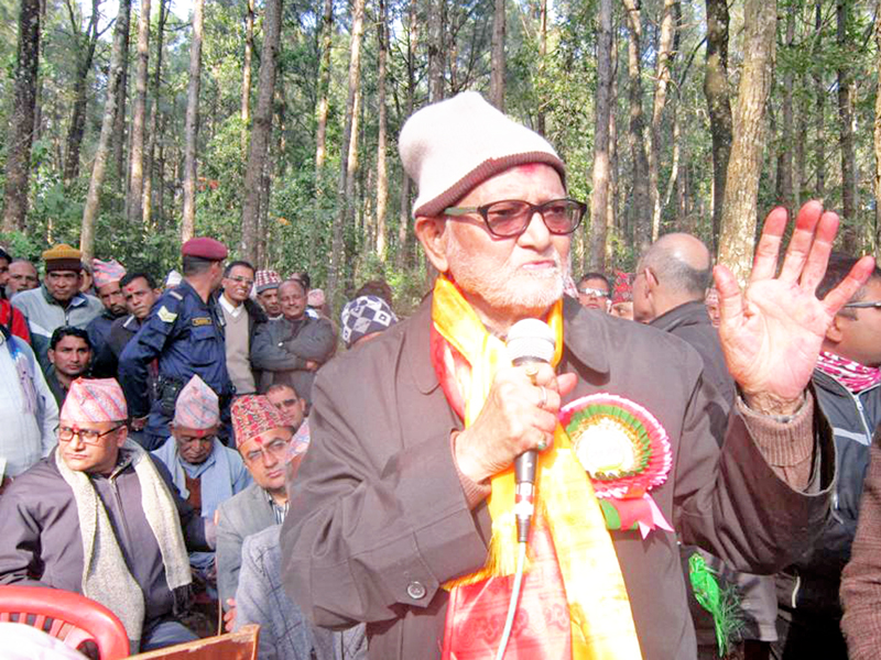 Former Prime Minister and Nepali Congress President Sushil Koirala addressing a masse after inaugurating Nepal's second tallest bridge connecting Kusma Bazaar and Mudikuwa in Parbat district on Friday, January 1, 2015. Photo: RSS