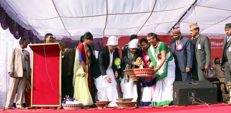PM KP Sharma Oli inaugurating a function organised to mark Maghi festival by Tharu Welfare Assembly Valley Committee at the Dasharath Stadium in Kathmandu on Friday, January 15, 2016. Photo: RSS