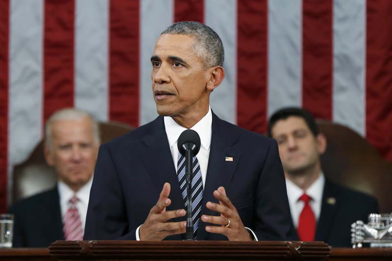 US President Barack Obama delivers his final State of the Union address to a joint session of Congress in Washington January 12, 2016.  Vice President Joe Biden (left) and House Speaker Paul Ryan are seated behind the president. Photo: Reuters