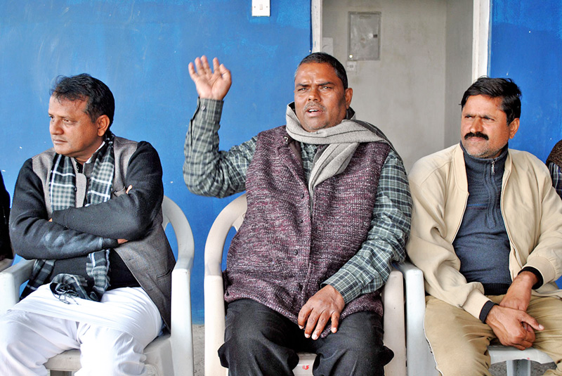 Chairperson of Federal Socialist Forum Nepal Upendra Yadav talking to journalists in Birgunj on Tuesday, January 5, 2016. Photo: RSS