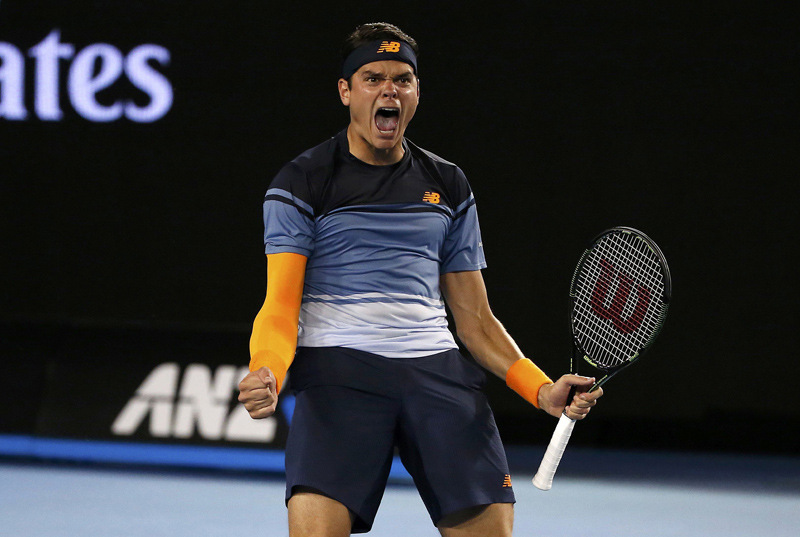 Canada's Milos Raonic celebrates after winning his quarter-final match against France's Gael Monfils at the Australian Open tennis tournament at Melbourne Park, Australia, January 27, 2016. Photo: Reuters