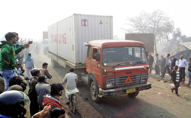 A container loaded with goods entering Nepal through the Birgunj-Raxaul border point 135 days after the border point was blockaded by the agitating United Democratic Madhesi Front, in Birgunj, Parsa, on Friday, February 5, 2016. Photo: THT