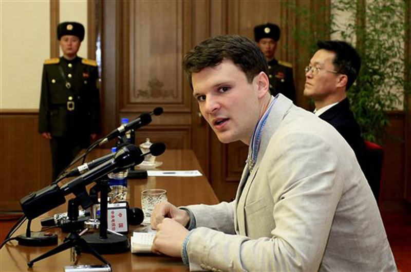 American student Otto Warmbier speaks as Warmbier is presented to reporters, on Monday, February 29, 2016, in Pyongyang, North Korea. Photo: AP