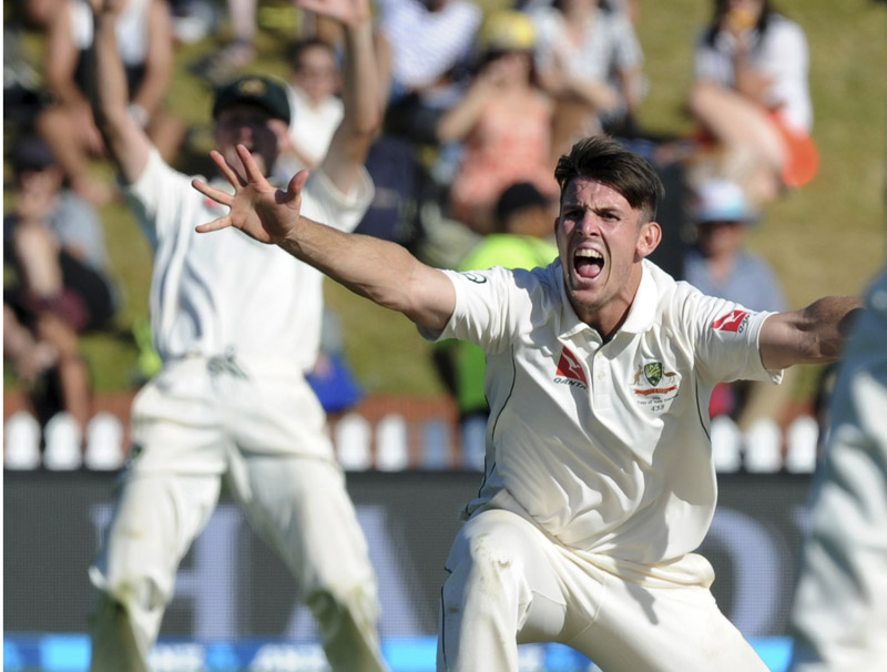 Australia's Mitchell Marsh appeals for LBW against New Zealandu0092s Brendon McCullum on the third day of their first Test match at Basin Reserve, in Wellington, on Sunday. Photo: AP