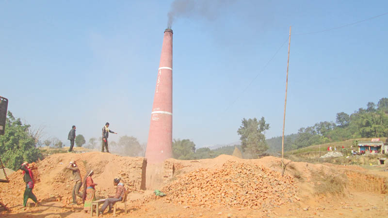 Workers at a brick kiln in Jamune VDC, Tanahun, on Sunday. Photo: THT